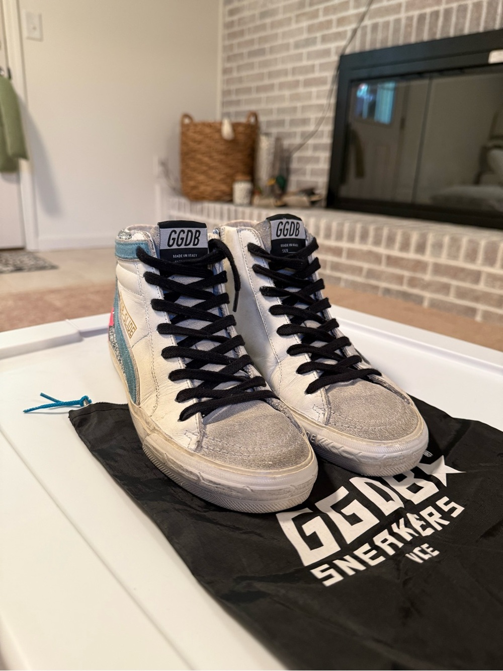 Golden Goose Slide White High-Top Sneakers with Blue & Pink Accents